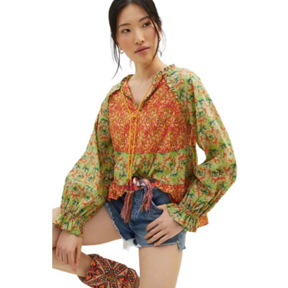 Roopa Pemmaraju Vivi Floral Patchwork Peplum Peasant Blouse Anthropologie Medium - Picture 4 of 15